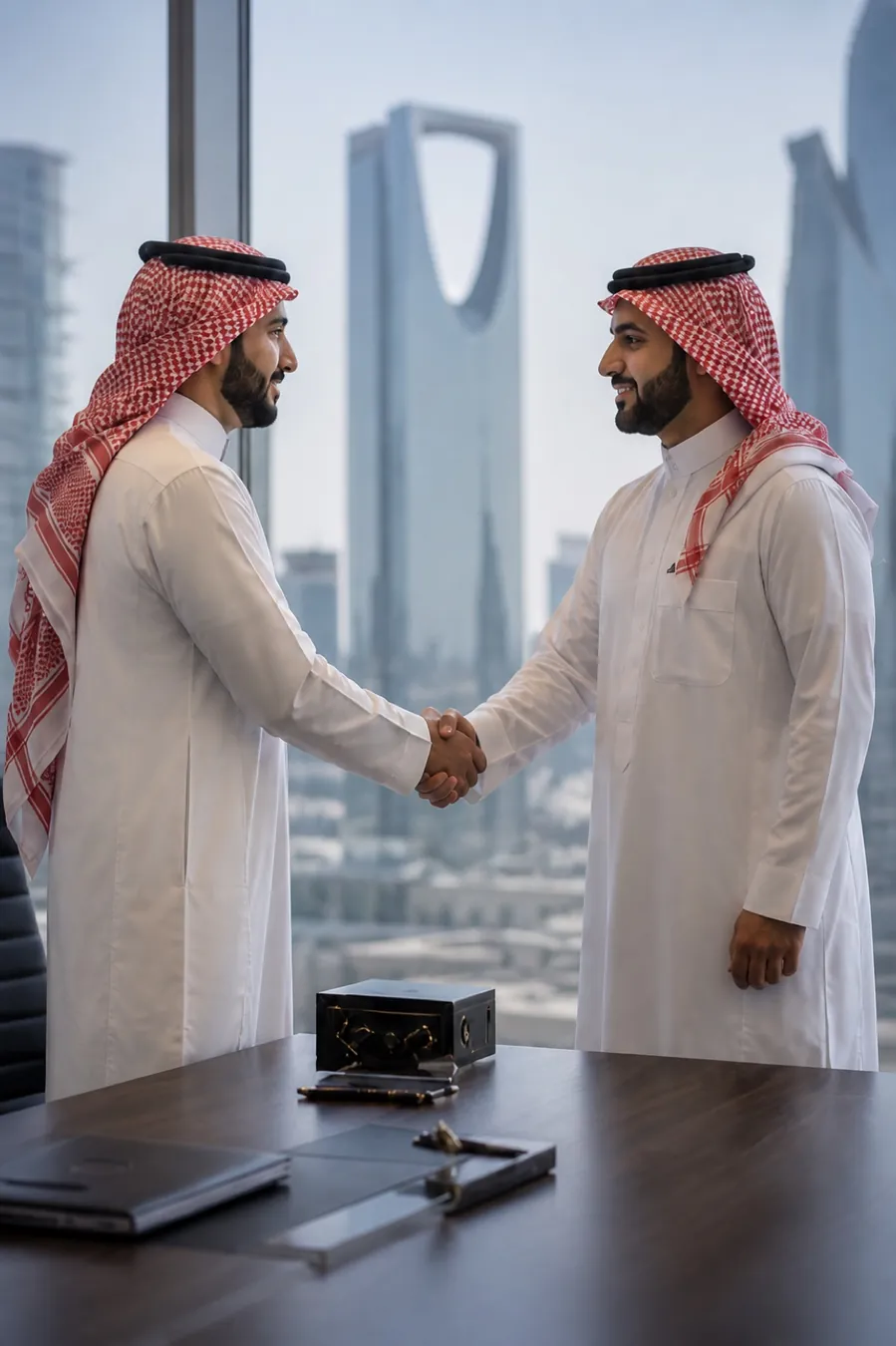رجلَا أعمال سعوديان يتصافحان في اجتماع شراكة